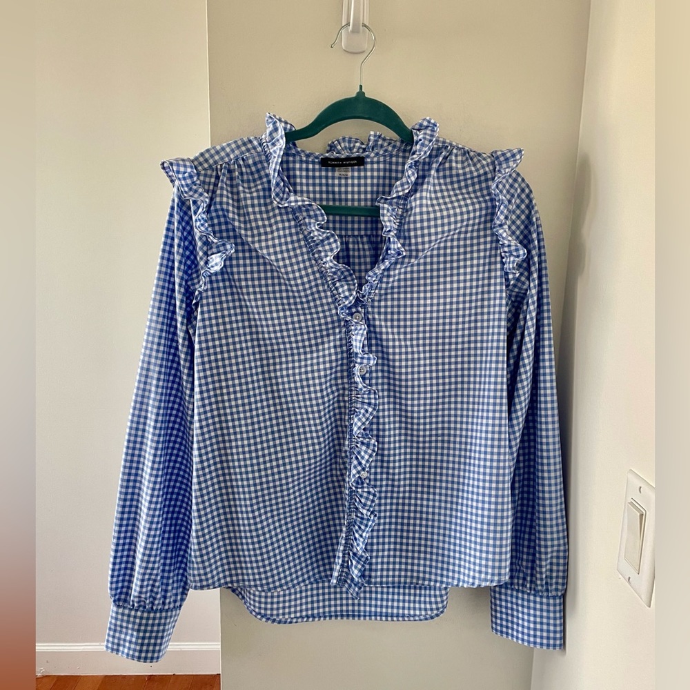 Tommy Hilfiger Blue Gingham Button down with Ruffles, Size M